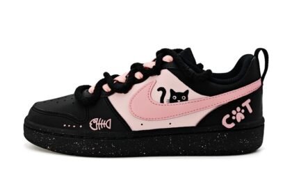 Custom Court Shoes Black Pink Cat Play