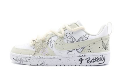 Custom Court Shoes White Black Butterfly Sketch